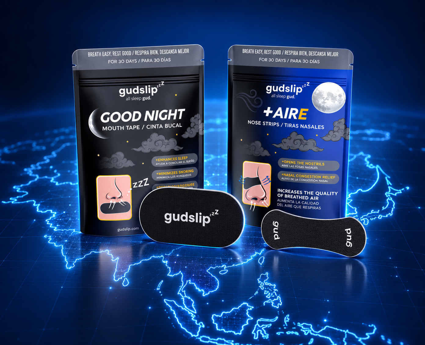 Gudslip Good Night mouth tape and Gudslip +AIRE nose strips retail pouches with product samples