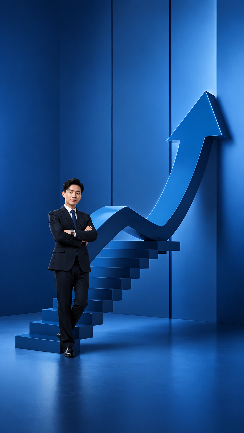 Businessman standing confidently beside ascending arrow staircase