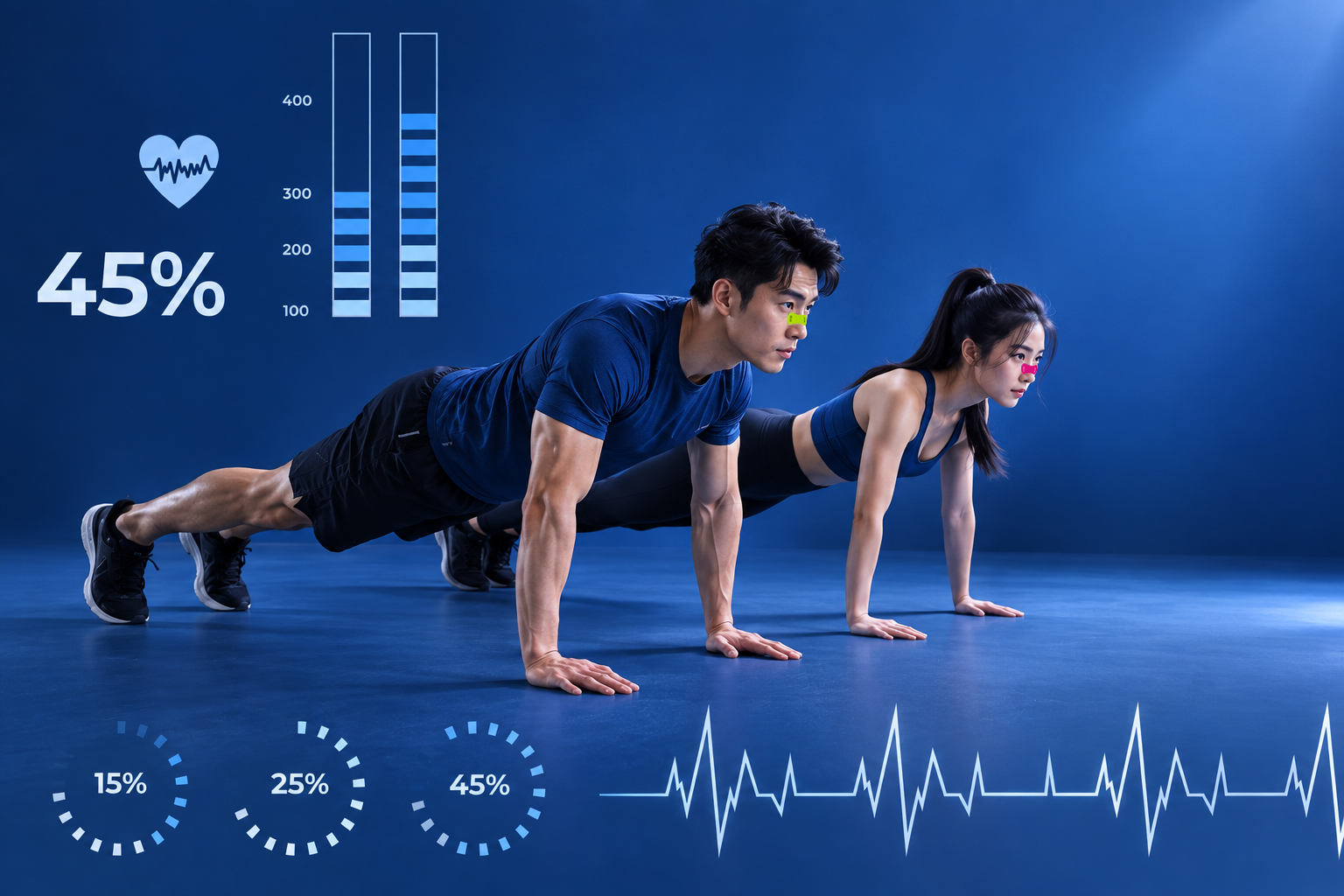 Athletes performing pushups and planks with biometric telemetry overlay