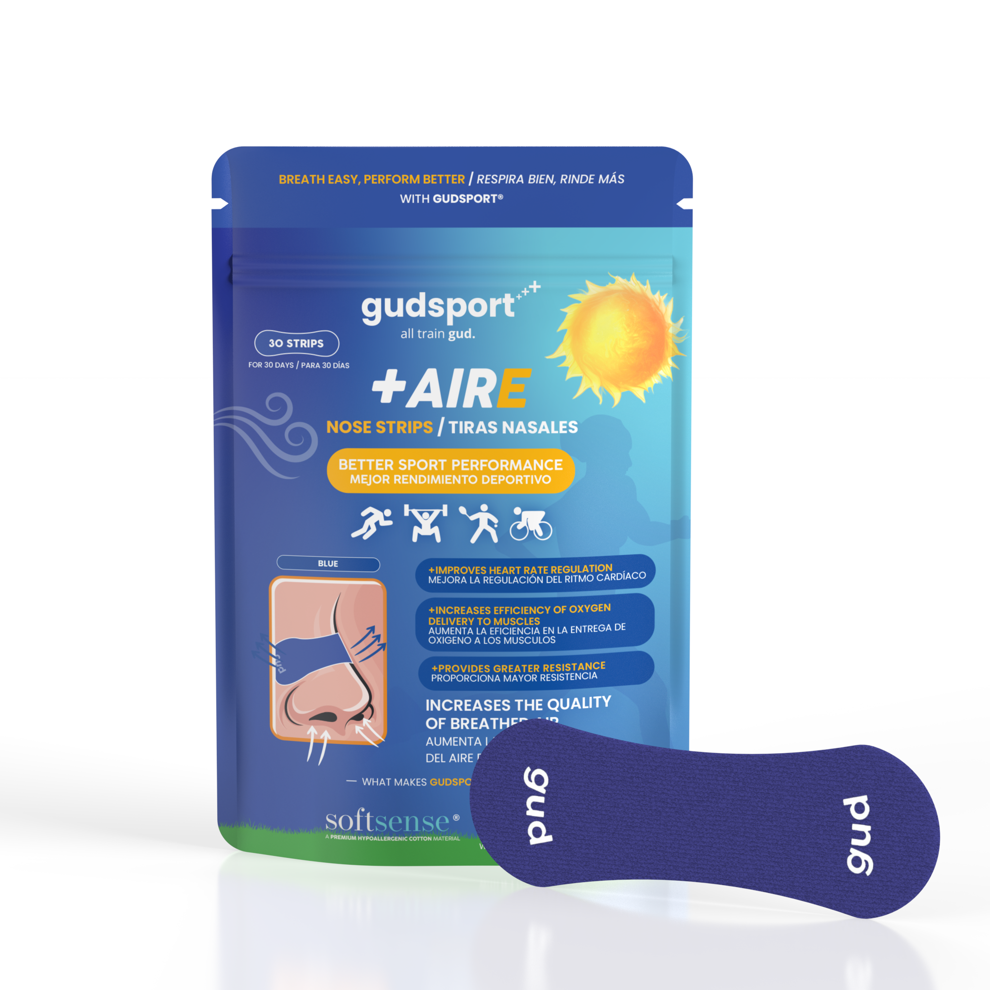 Gudsport +AIRE nose strips retail pouch with blue nose strip sample