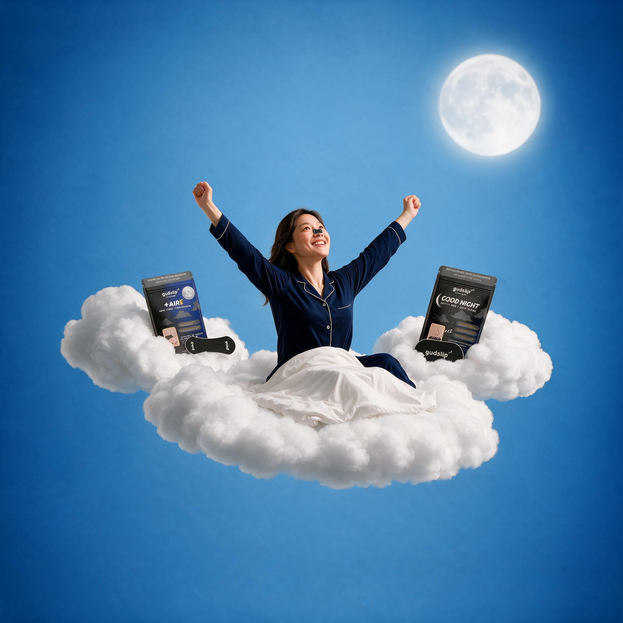 A woman waking up rested on a cloud, with Gudslip products