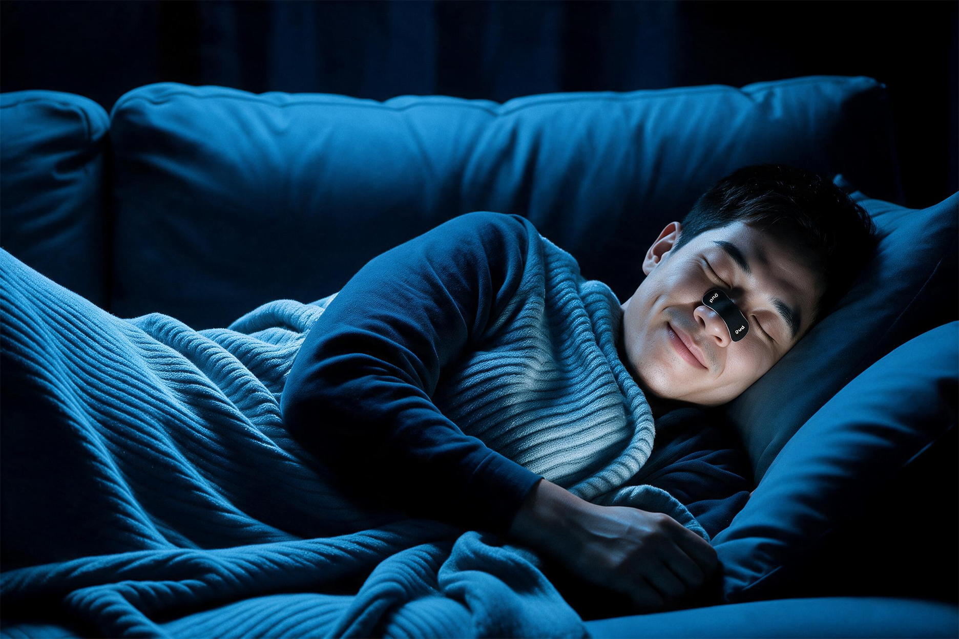 Man sleeping peacefully with Gudslip nose strip