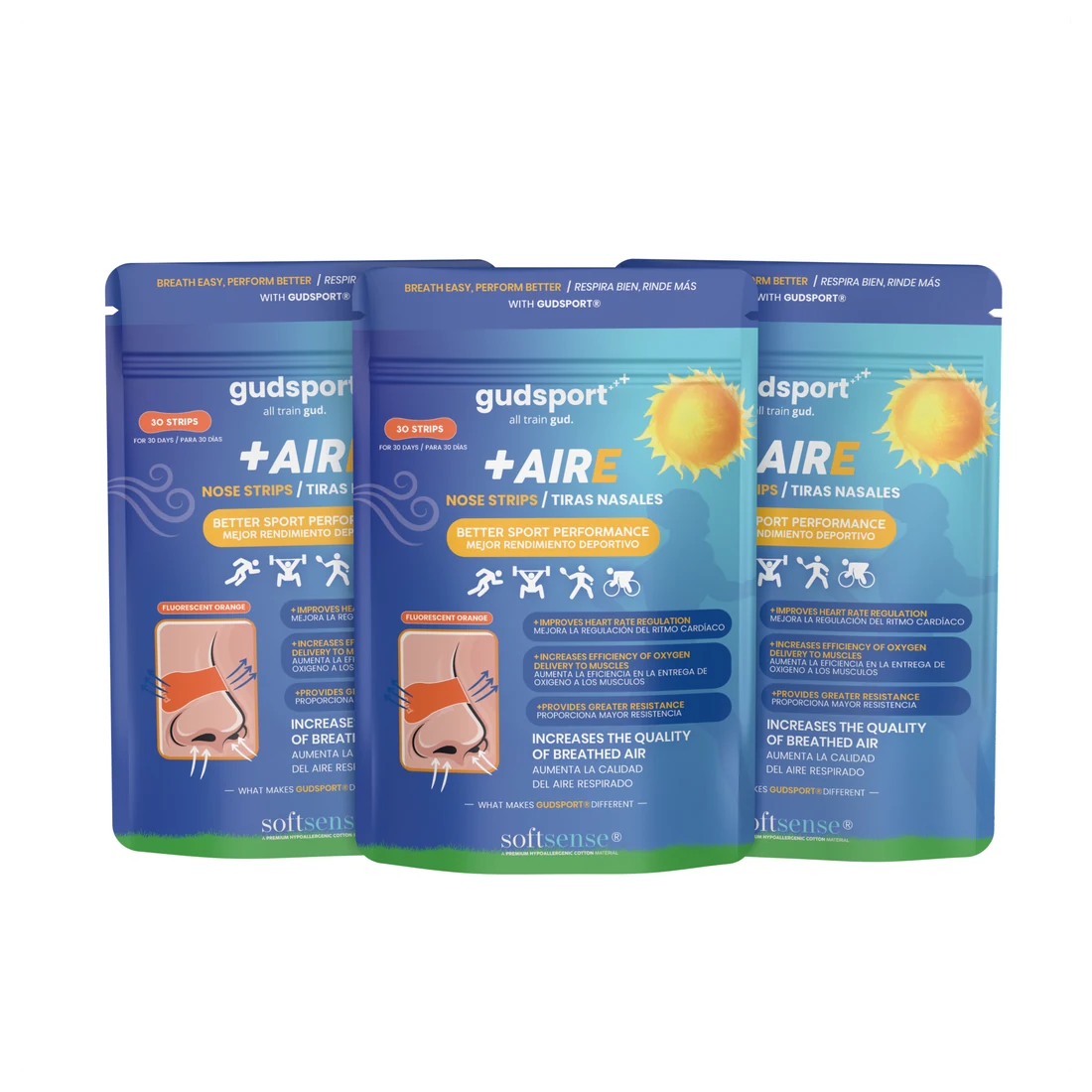 Gudsport +AIRE retail pouches lined up